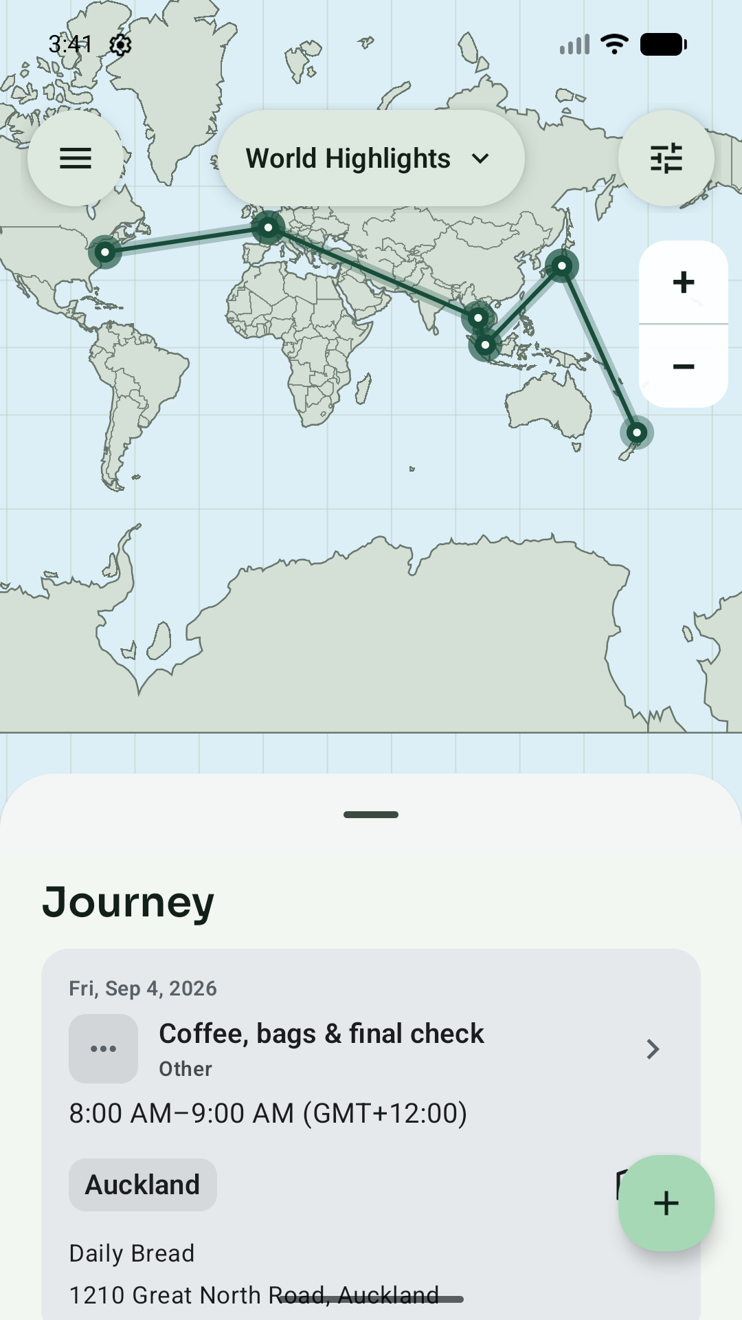 Waypoint showing the World Highlights route across six destinations with the journey itinerary below