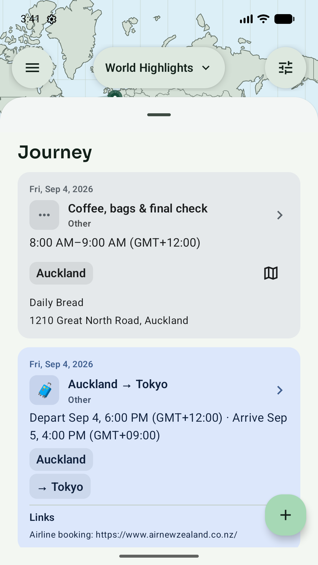 Waypoint showing an expanded World Highlights itinerary with Auckland and Tokyo in local time