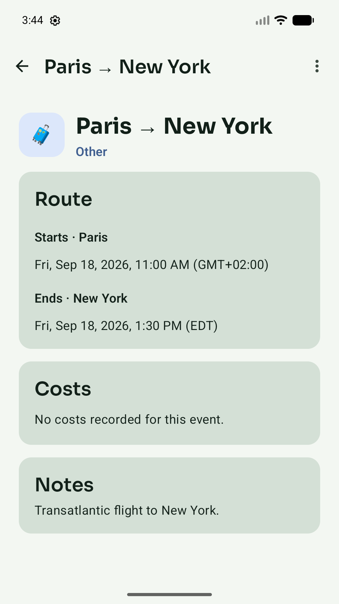 Waypoint route details showing a Paris departure and New York arrival in their local time zones
