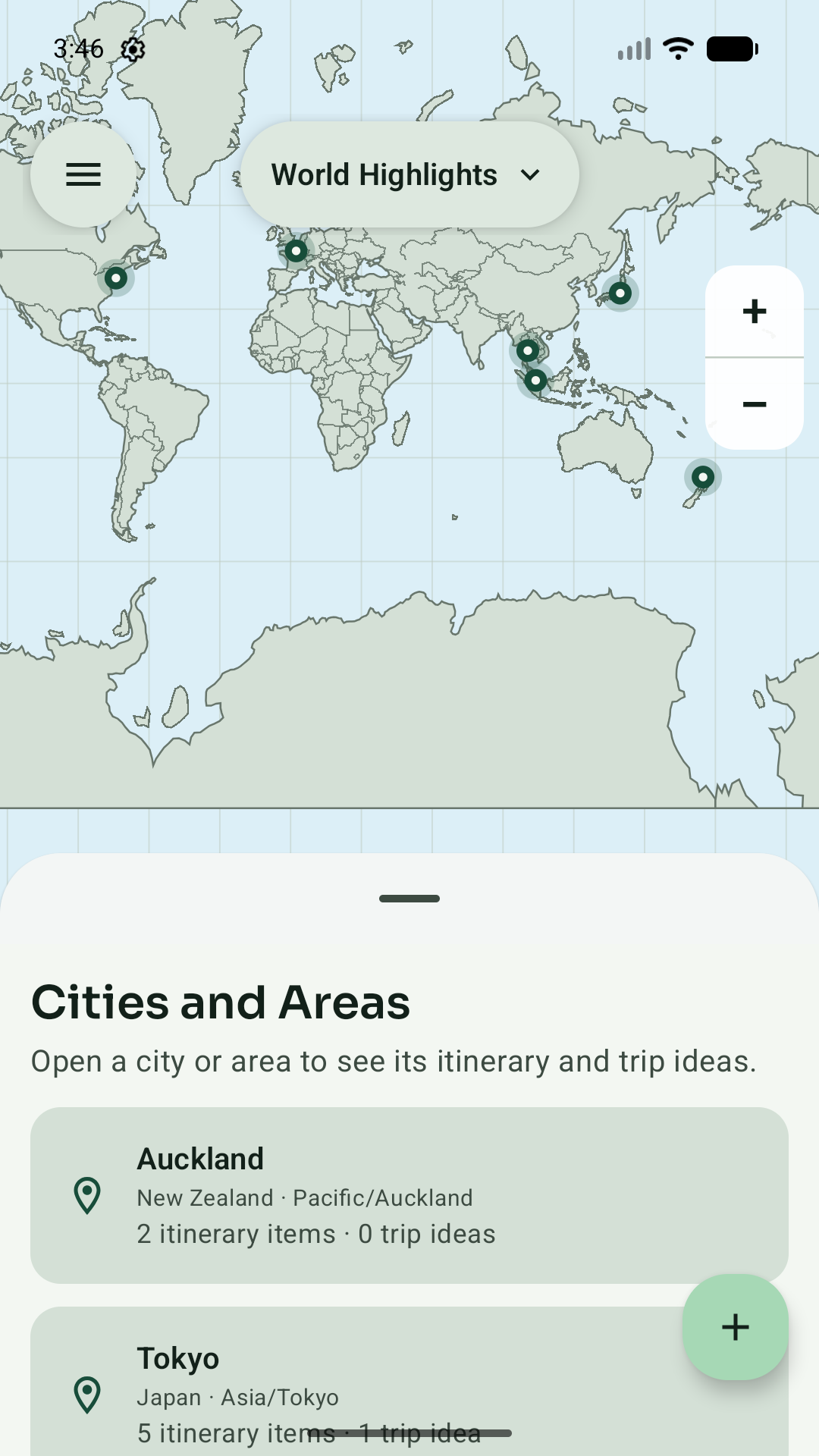 Waypoint Cities and Areas view showing Auckland and Tokyo below the trip map