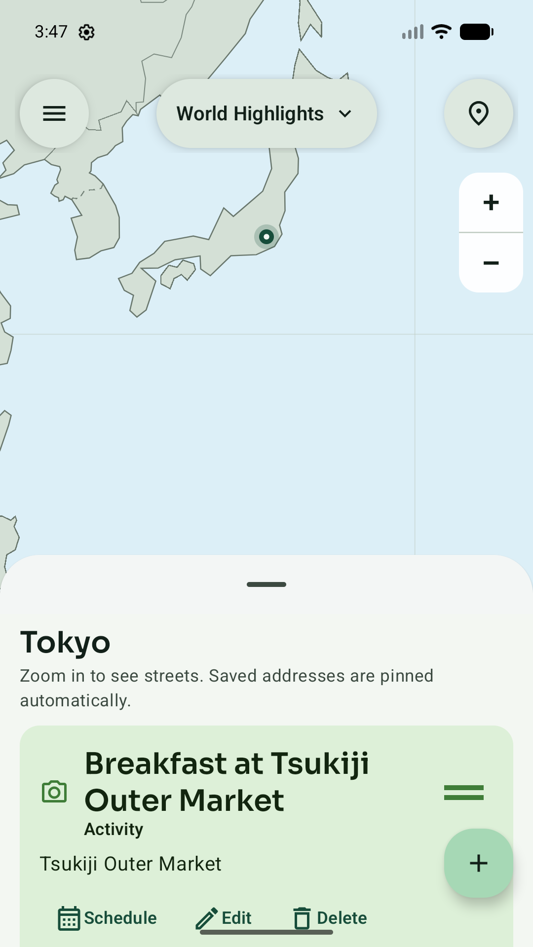Waypoint showing a Tokyo trip idea beside its position on the map